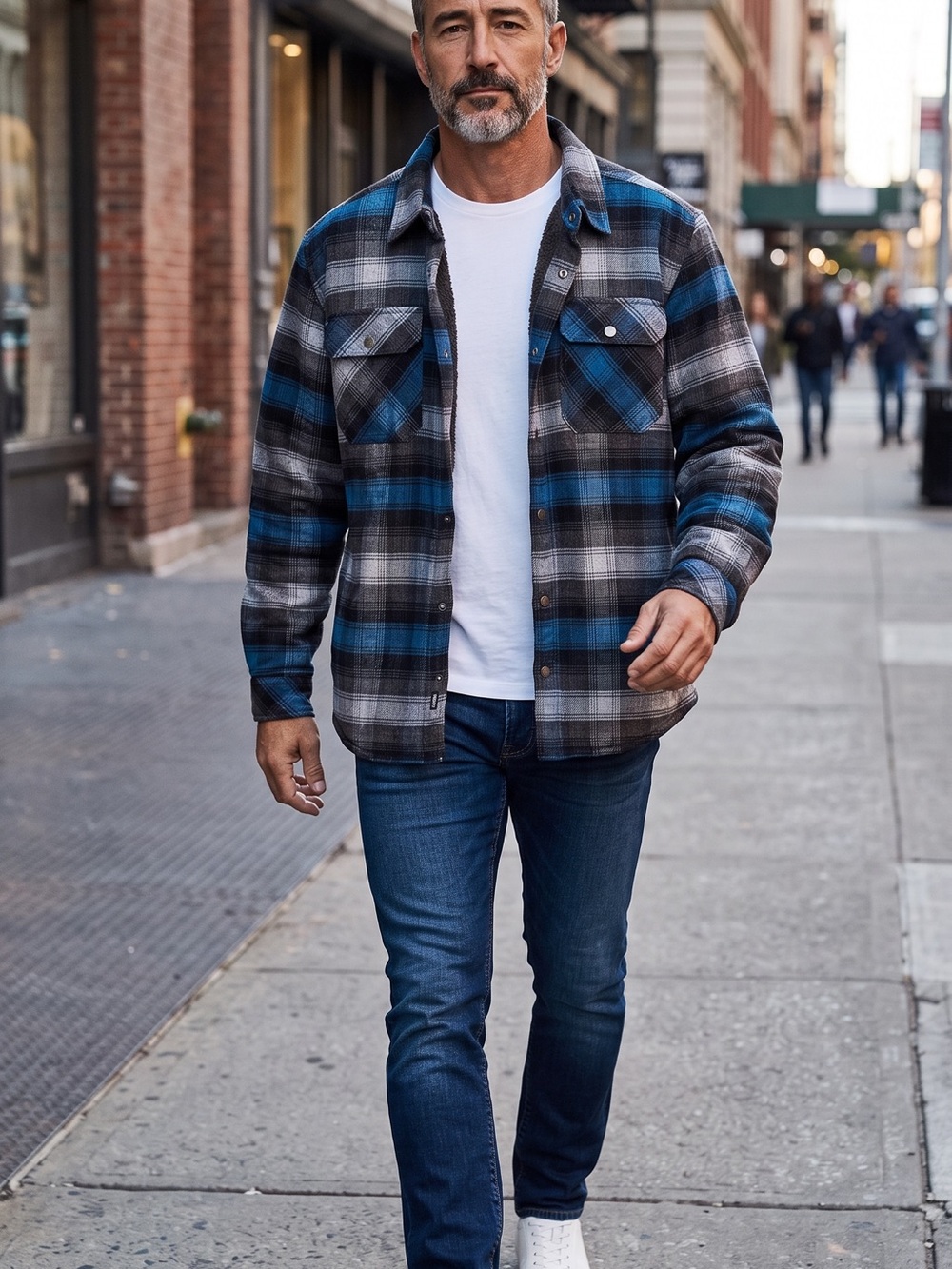 Men's Blue & Gray Plaid Medium-weight Shirt Jacket. Soft and Very comfortable.